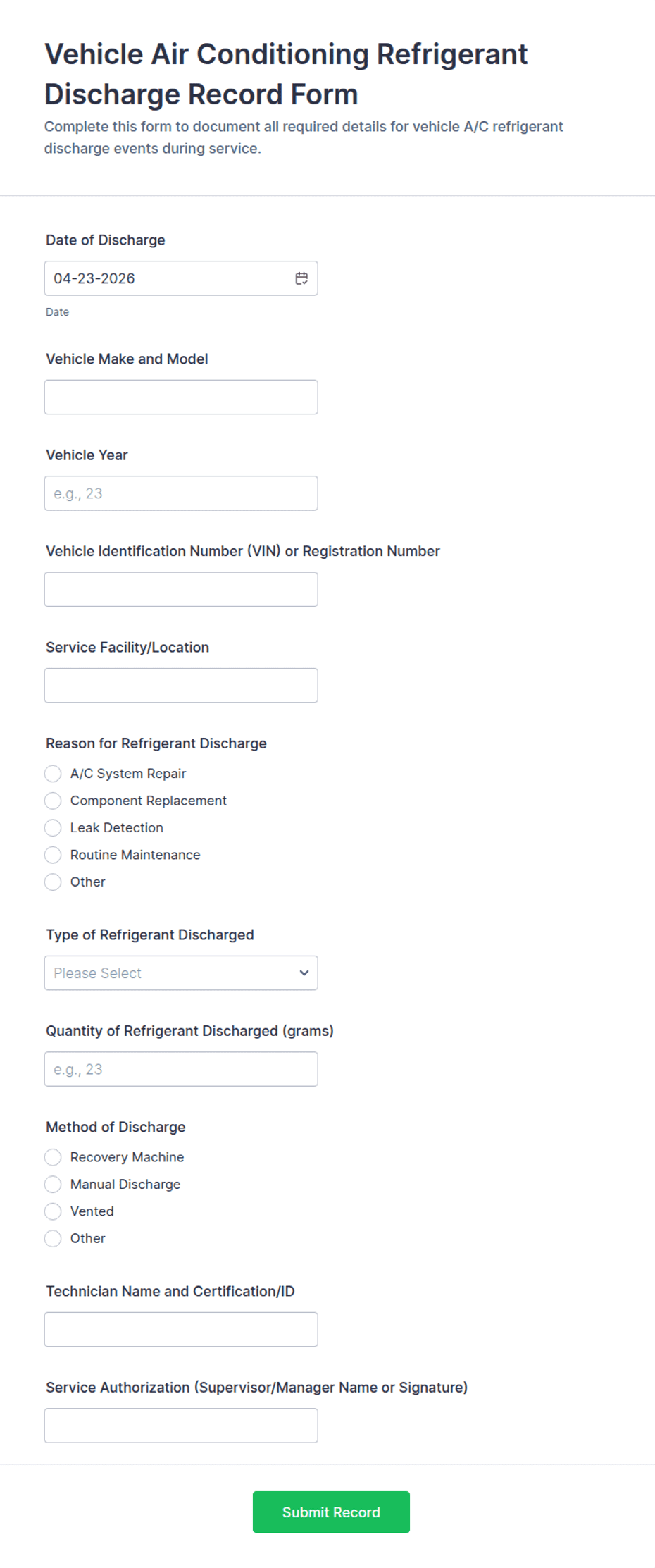 Vehicle Air Conditioning Refrigerant Discharge Record Form Template ...
