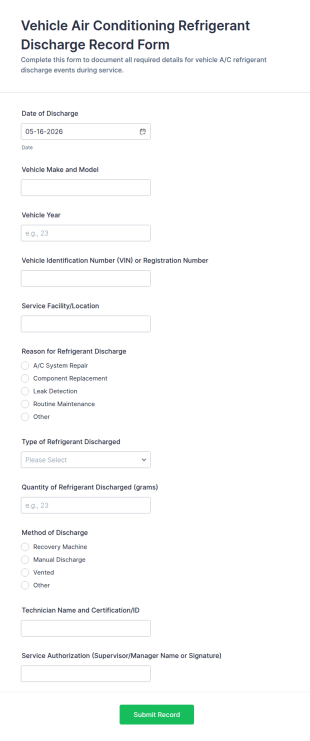 Vehicle Air Conditioning Refrigerant Discharge Record Form Template