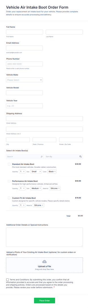 Vehicle Air Intake Boot Order Form Template