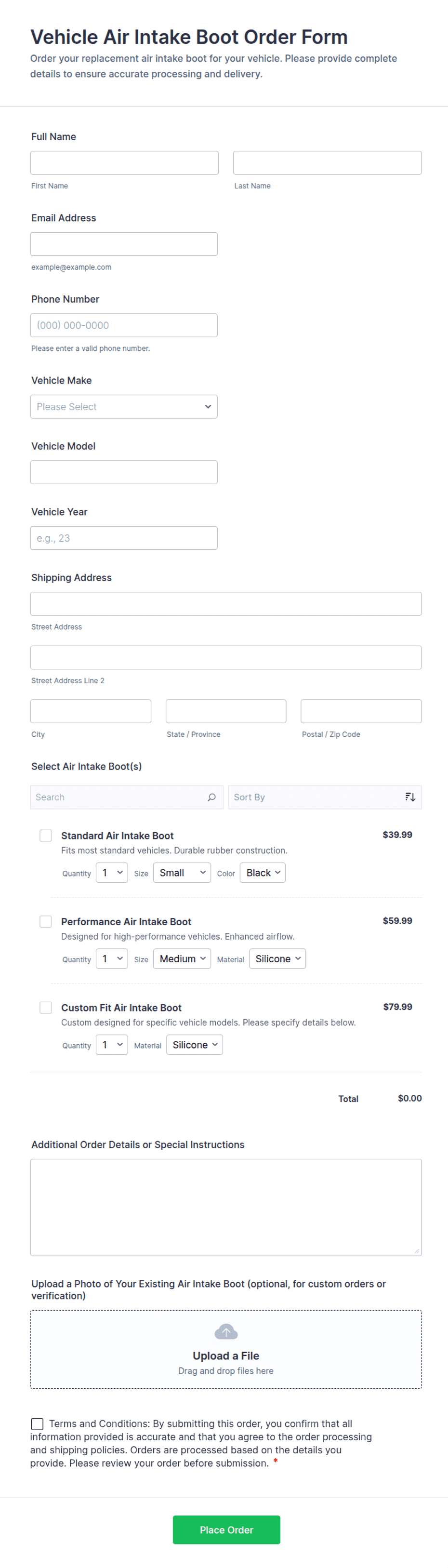 Vehicle Air Intake Boot Order Form Template | Jotform