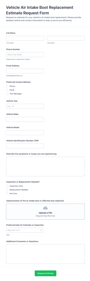 Vehicle Air Intake Boot Replacement Estimate Request Form Template