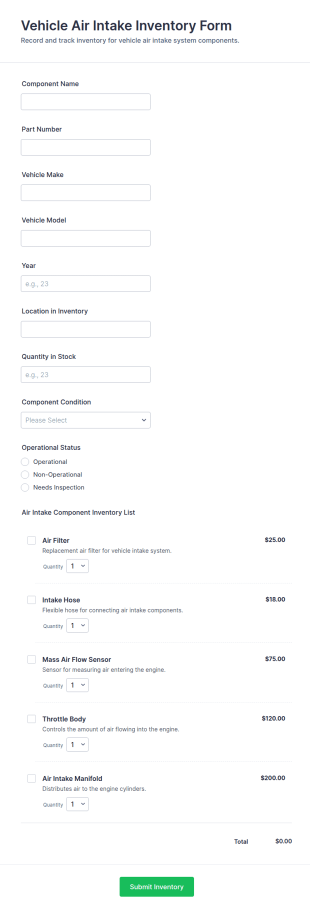 Vehicle Air Intake Inventory Form Template