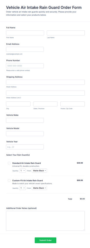 Vehicle Air Intake Rain Guard Order Form Template