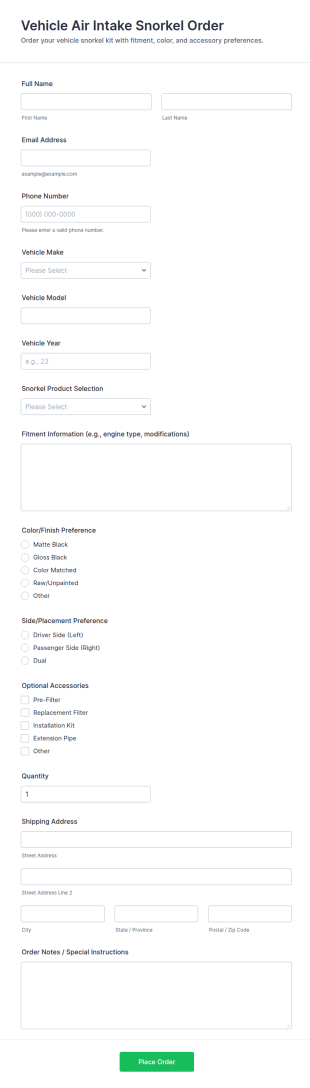 Vehicle Air Intake Snorkel Order Form Template