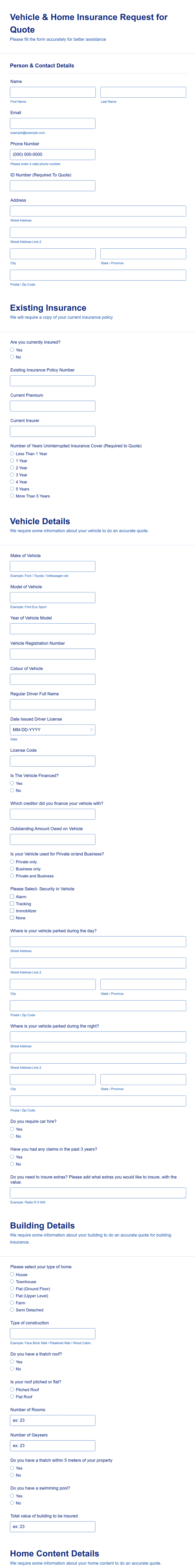 Vehicle and Home Insurance Quote Request Form Template | Jotform