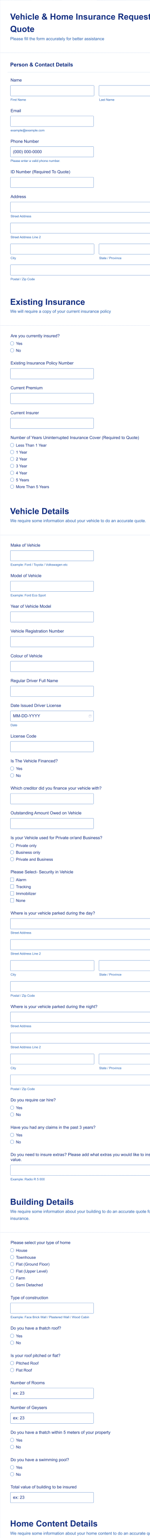 Vehicle And Home Insurance Quote Request Form Template
