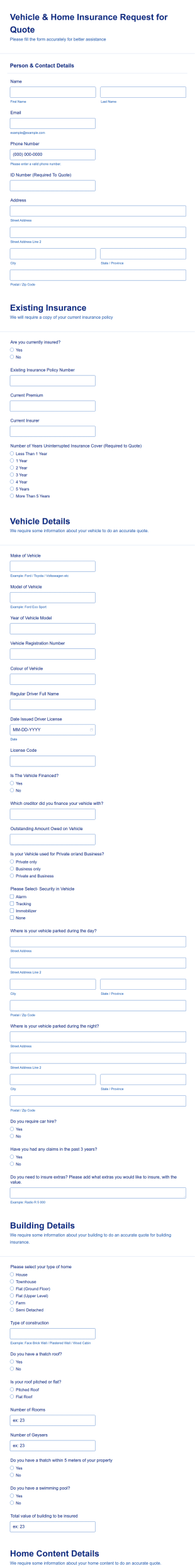 Vehicle And Home Insurance Quote Request Form Template