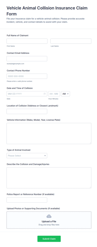 Vehicle Animal Collision Insurance Claim Form Template