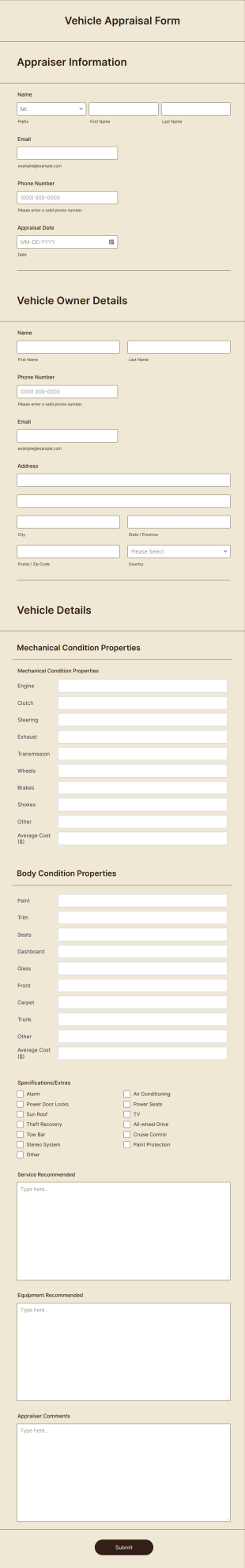 Vehicle Appraisal Form Template