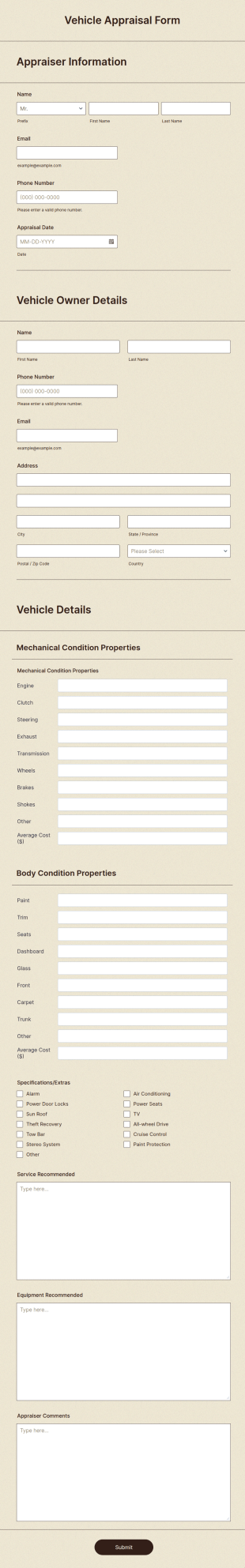 Vehicle Appraisal Form Template