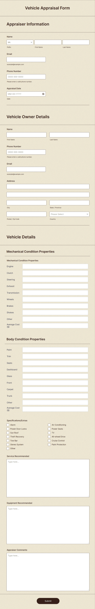 Vehicle Appraisal Form Template