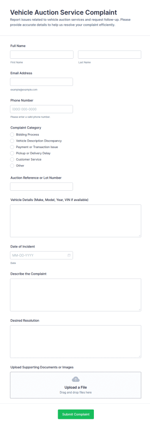 Vehicle Auction Service Complaint Form Template