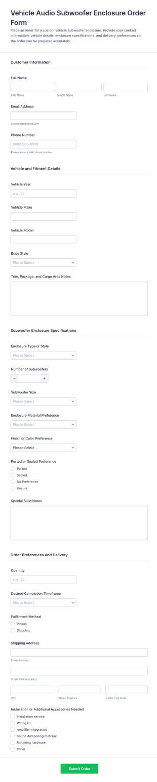 Vehicle Audio Subwoofer Enclosure Order Form Template