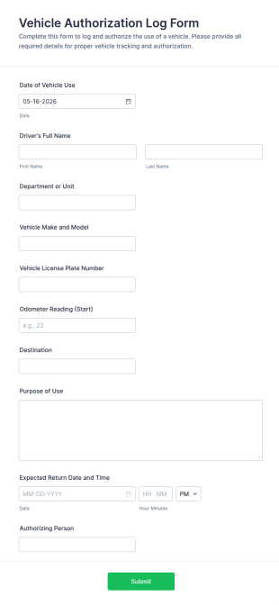 Vehicle Authorization Log Form Template