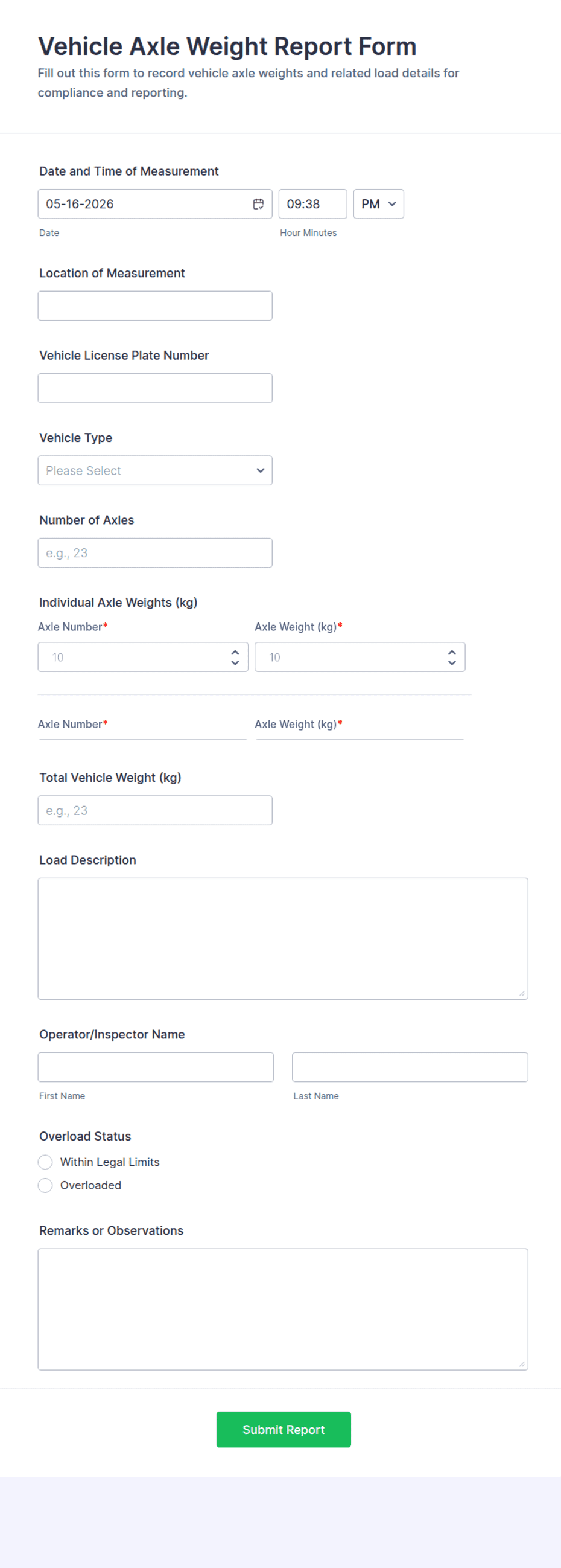 Weight Report Vehicle Axle Weight Report Form Template | Jotform
