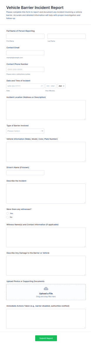 Vehicle Barrier Incident Report Form Template