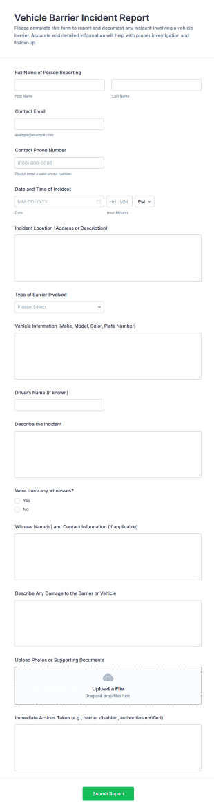 Vehicle Barrier Incident Report Form Template