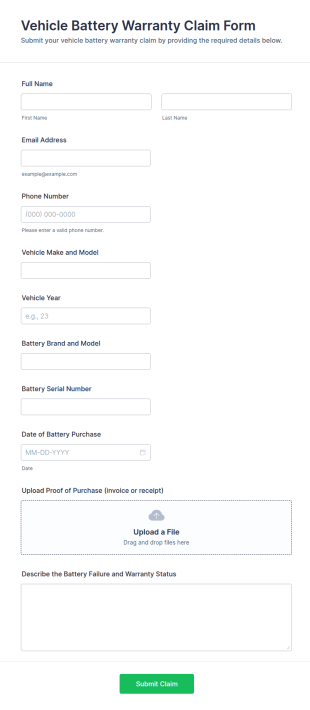 Vehicle Battery Warranty Claim Form Template