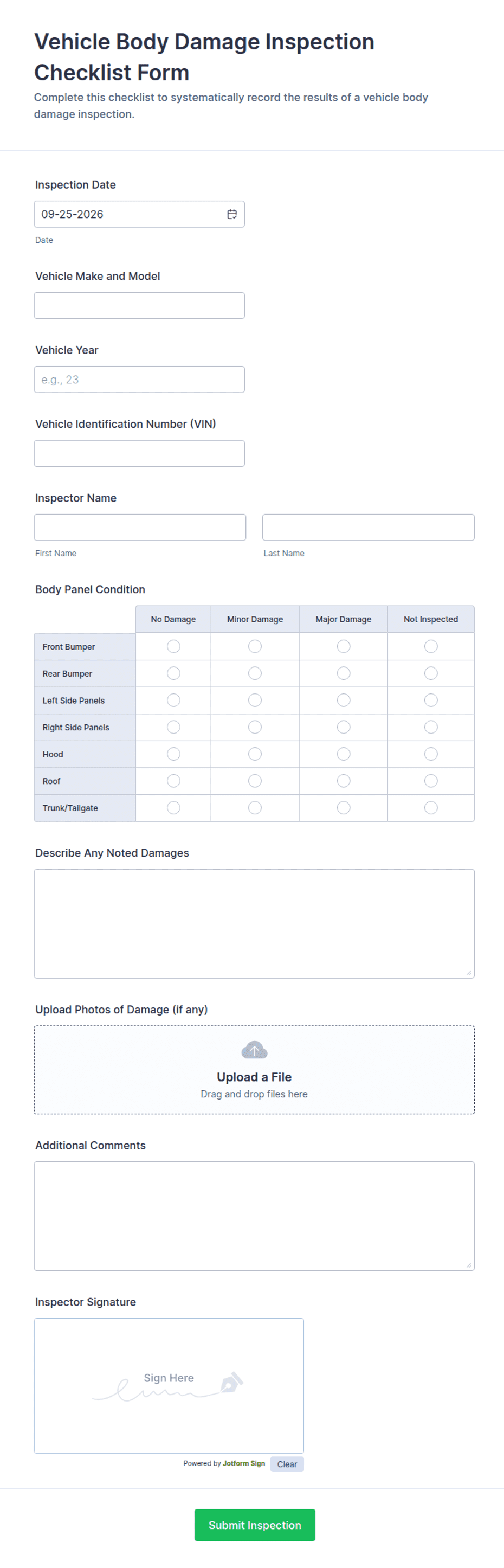 Vehicle Body Damage Inspection Checklist Form Template | Jotform