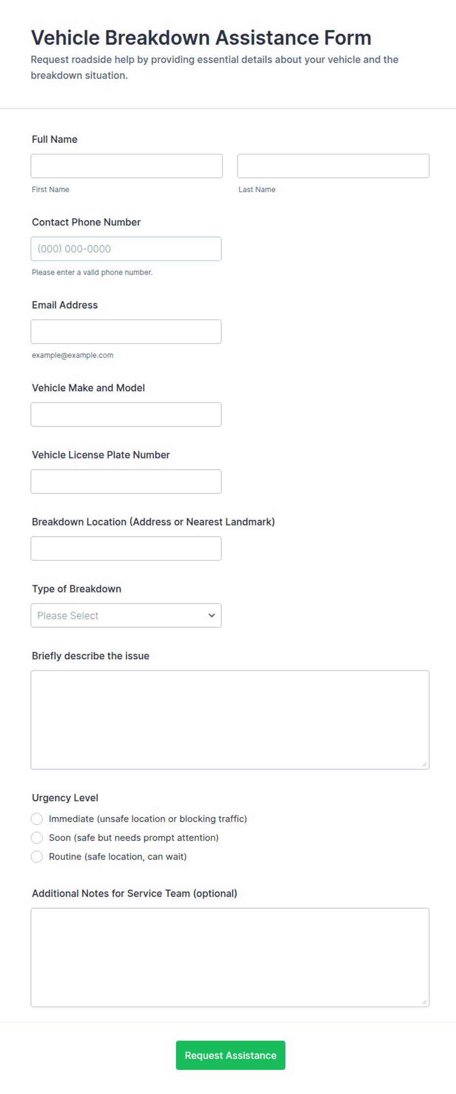 Vehicle Breakdown Assistance Form Template | Jotform