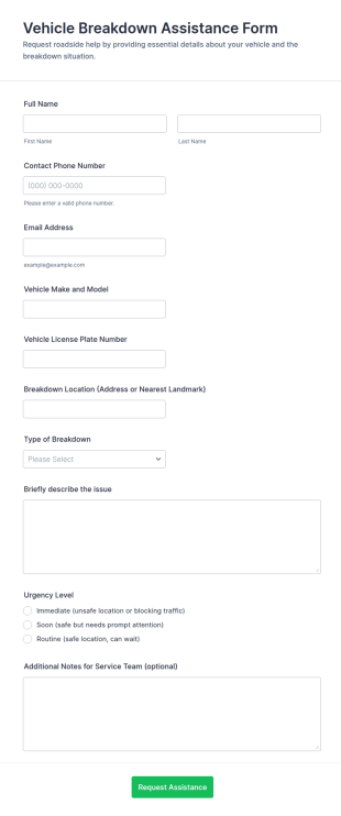 Vehicle Breakdown Assistance Form Template