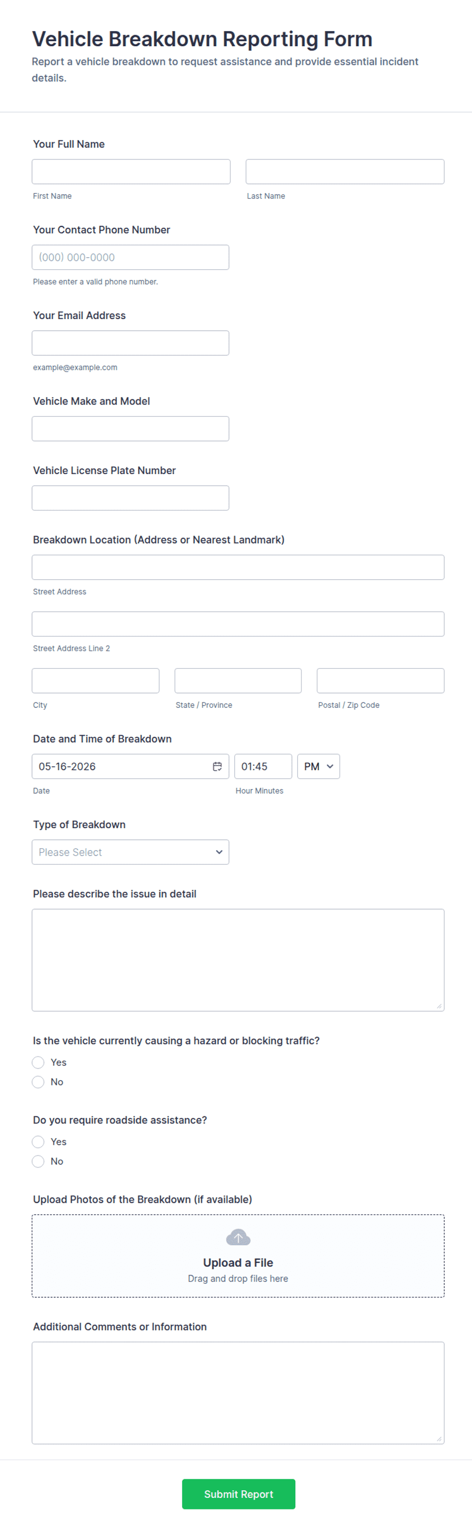 Vehicle Breakdown Reporting Form Template | Jotform