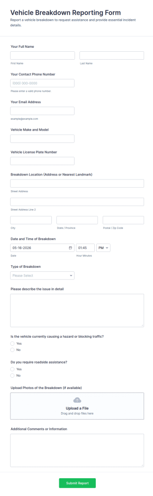 Vehicle Breakdown Reporting Form Template