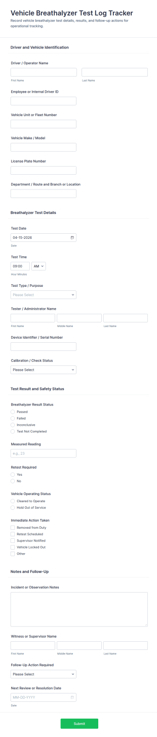 Vehicle Breathalyzer Test Log Tracker Form Template
