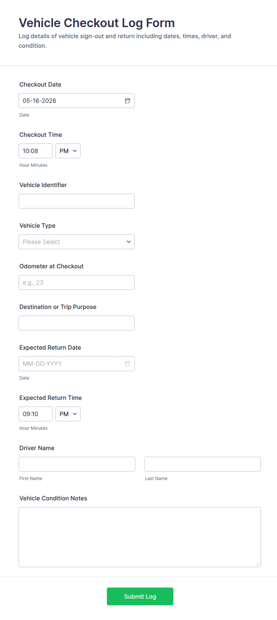 Sample Car Out Log Vehicle Checkout Log Form Template | Jotform