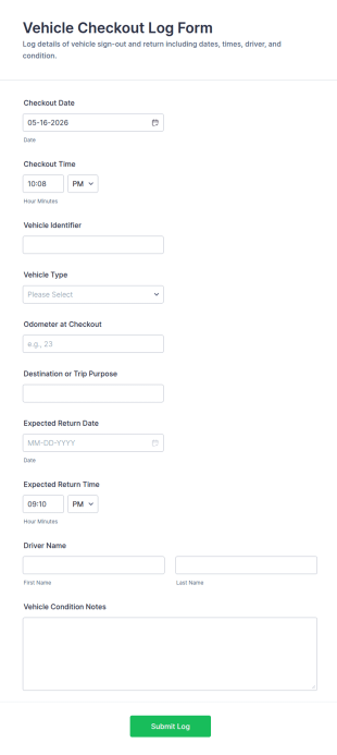 Vehicle Checkout Log Form Template