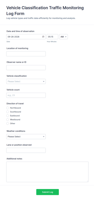 Vehicle Classification Traffic Monitoring Log Form Template