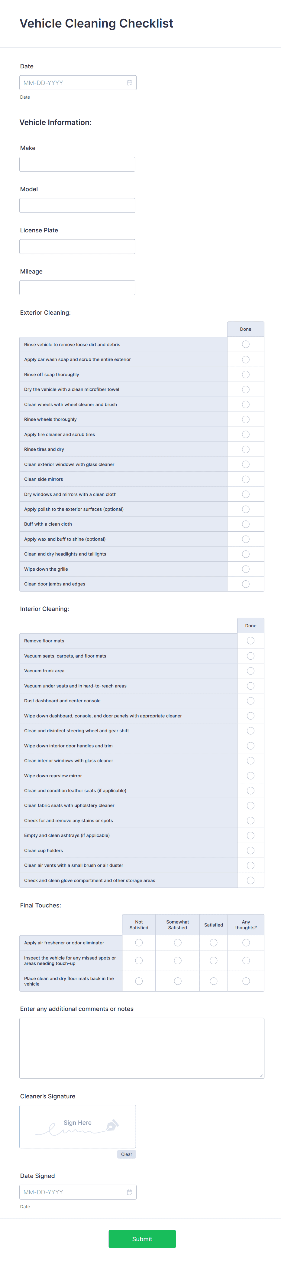 Vehicle Cleaning Checklist Form Template | Jotform