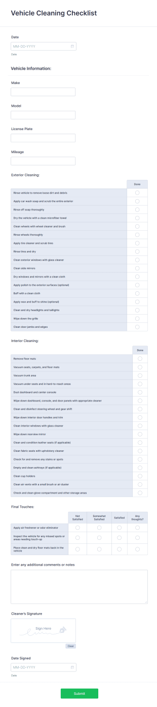 Vehicle Cleaning Checklist Form Template