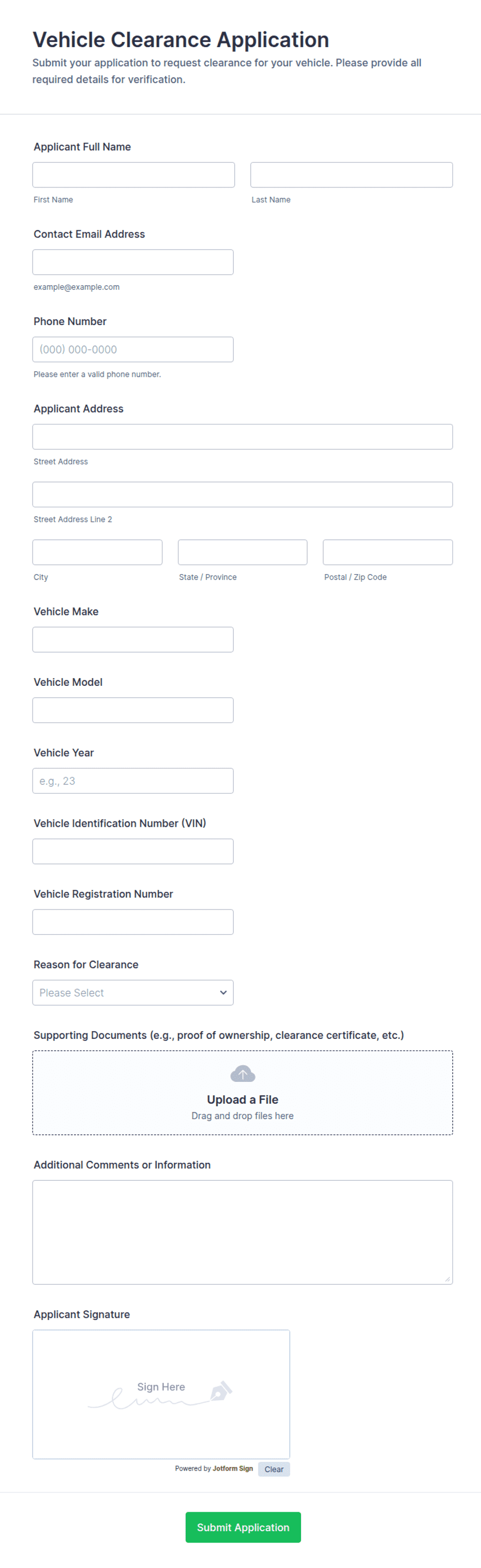 Vehicle Clearance Application Form Template | Jotform