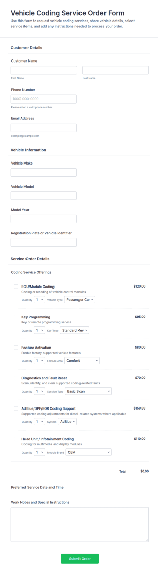 Vehicle Coding Service Order Form Template