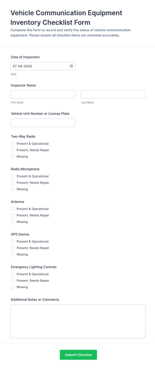 Vehicle Communication Equipment Inventory Checklist Form Template