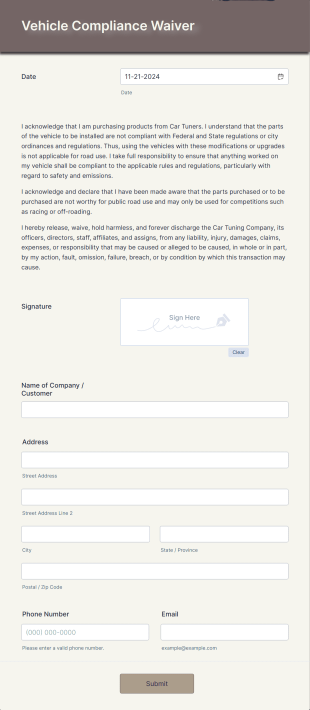Vehicle Compliance Waiver Form Template
