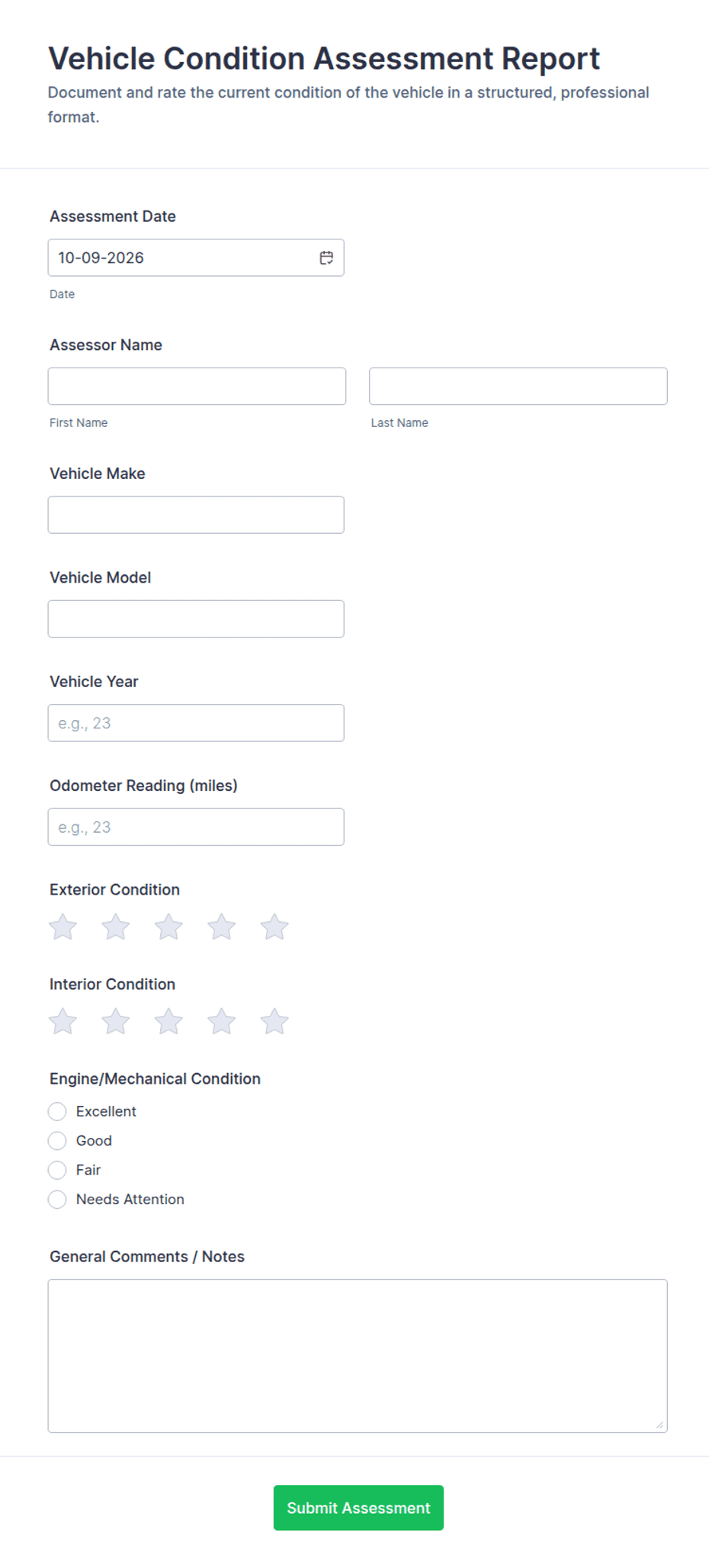 Vehicle Condition Assessment Report Form Template | Jotform