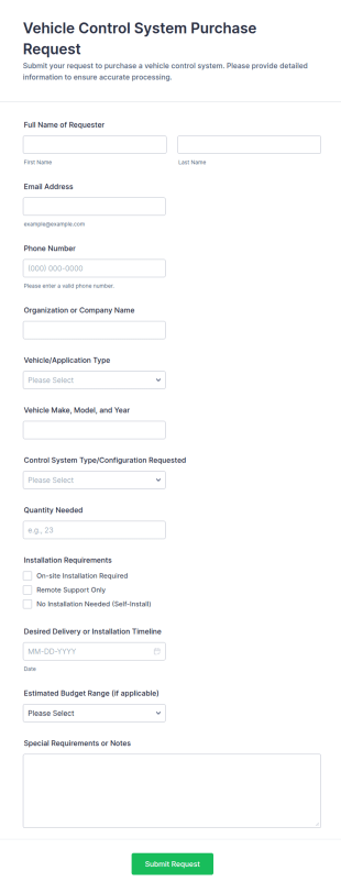 Vehicle Control System Purchase Request Form Template