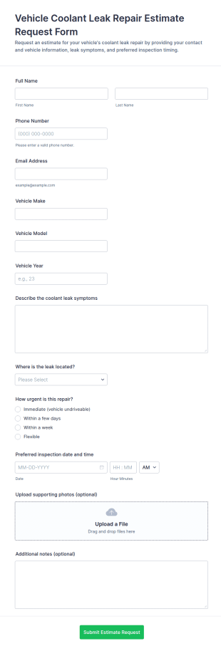 Vehicle Coolant Leak Repair Estimate Request Form Template