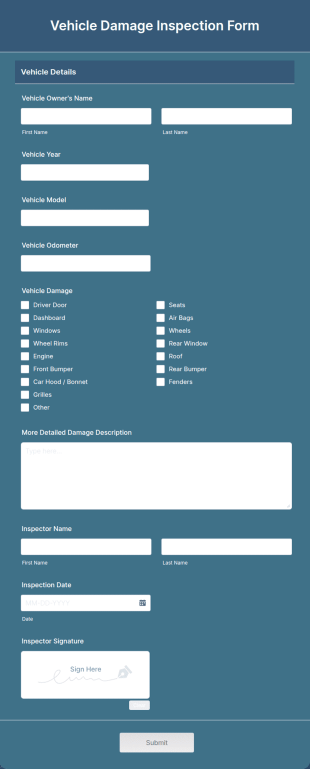 Vehicle Damage Inspection Form Template