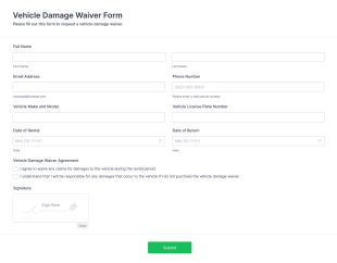 Vehicle Damage Waiver Form Template