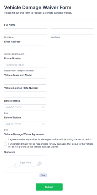 Vehicle Damage Waiver Form Template