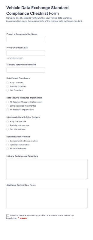 Vehicle Data Exchange Standard Compliance Checklist Form Template