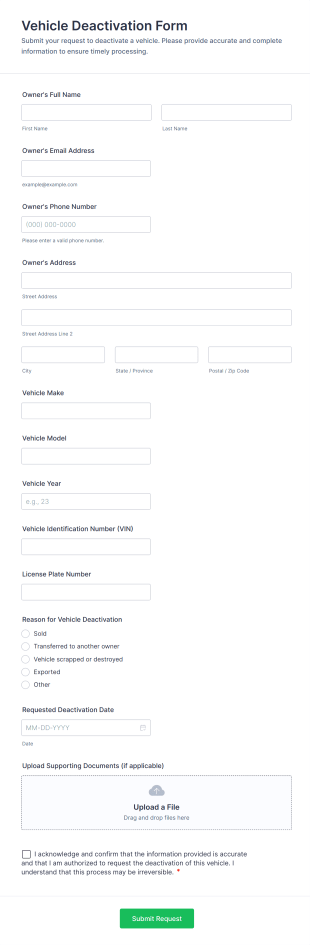 Vehicle Deactivation Form Template