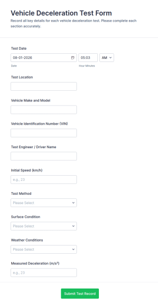 Vehicle Deceleration Test Form Template