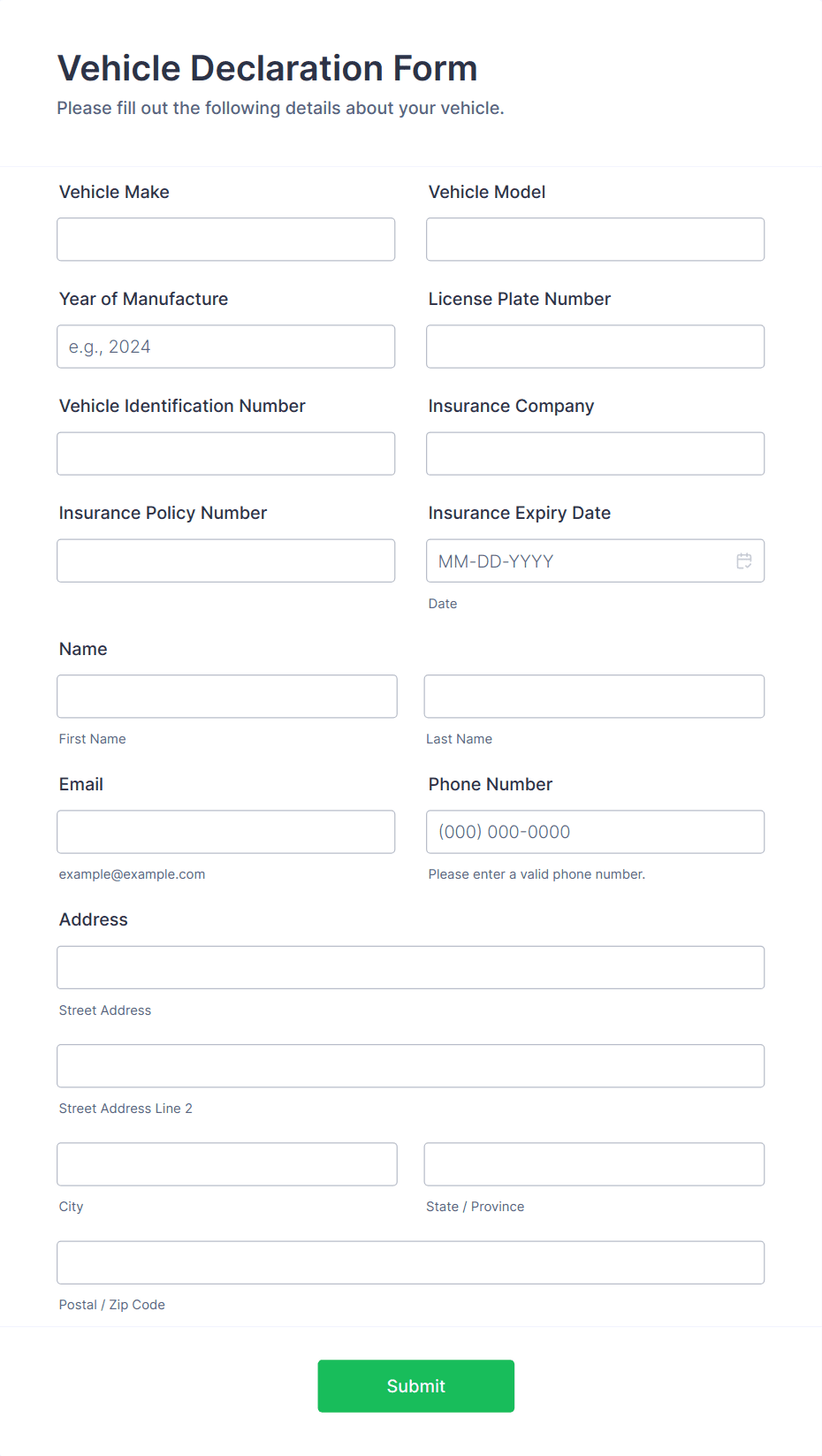 Vehicle Declaration Form Template | Jotform