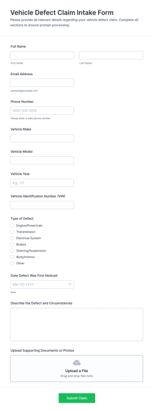 Vehicle Defect Claim Form Template