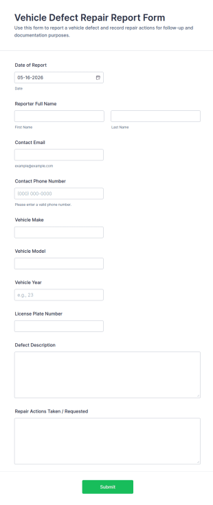 Vehicle Defect Repair Report Form Template