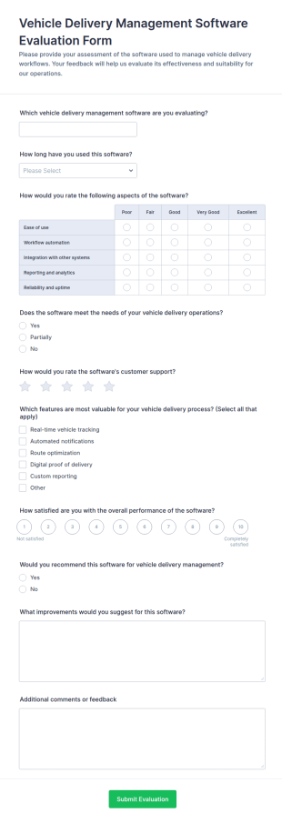 Vehicle Delivery Management Software Evaluation Form Template